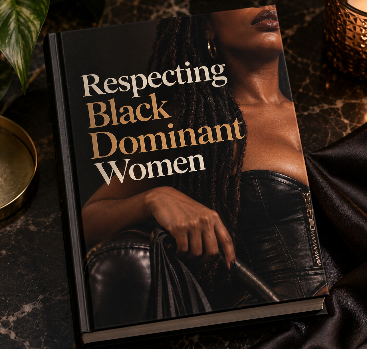 Black hardcover book titled Respecting Black Dominant Women, featuring a Black woman with locs wearing a black corset.