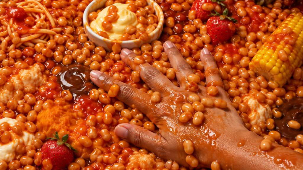 Hand covered in baked beans during a sploshing London food play session